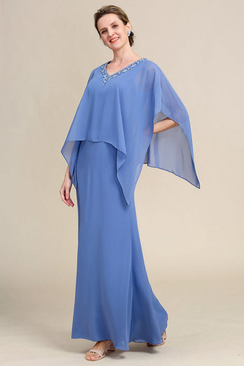 Graublau Glitzernde Perlen Batwing Ärmel Kleid für die Mutter der Braut