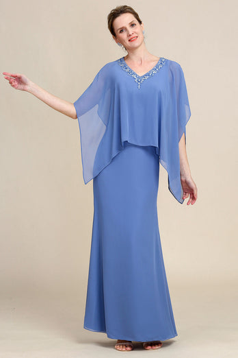 Graublau Glitzernde Perlen Batwing Ärmel Kleid für die Mutter der Braut