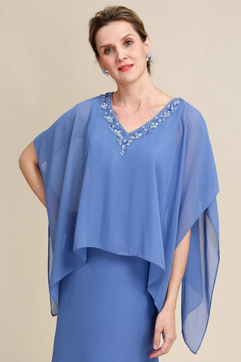 Graublau Glitzernde Perlen Batwing Ärmel Kleid für die Mutter der Braut