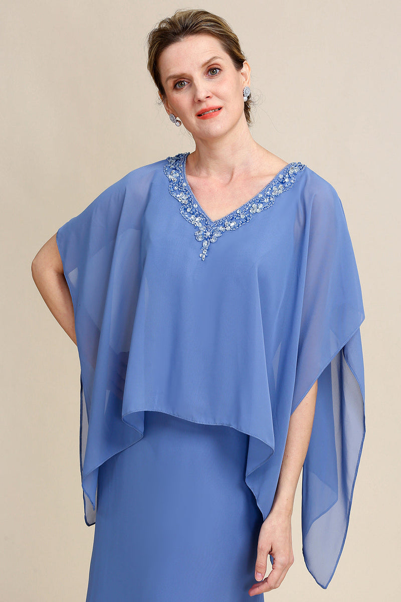 Laden Sie das Bild in den Galerie-Viewer, Graublau Glitzernde Perlen Batwing Ärmel Kleid für die Mutter der Braut