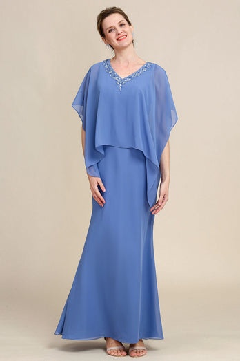 Graublau Glitzernde Perlen Batwing Ärmel Kleid für die Mutter der Braut