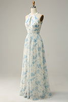 Laden Sie das Bild in den Galerie-Viewer, Blaues Geblümtes Brautjungfernkleid aus Chiffon