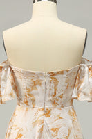 Laden Sie das Bild in den Galerie-Viewer, Eine Linie von der Schulter Gelbe Blume bedruckt Plus Size Brautjungfernkleid