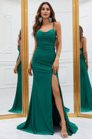 Laden Sie das Bild in den Galerie-Viewer, Meerjungfrau Dunkelgrünes Spaghettiträger Langes Ballkleid mit überkreuztem Rücken
