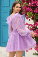 Laden Sie das Bild in den Galerie-Viewer, Ein marineblaues kurzes Cocktailkleid mit V-Ausschnitt und langen Ärmeln