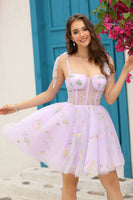 Laden Sie das Bild in den Galerie-Viewer, A Line Spaghettiträger Grau Blau Kurzes Cocktailkleider mit Stickerei