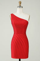 Laden Sie das Bild in den Galerie-Viewer, Glitzerndes rotes kurzes Cocktailkleider mit einer Schulter und Perlen