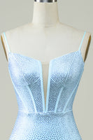 Laden Sie das Bild in den Galerie-Viewer, Stilvolles Spaghettiträger Cocktailkleidaus Blau mit Perlen