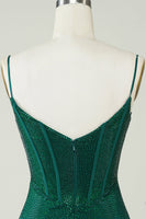 Laden Sie das Bild in den Galerie-Viewer, Glitzerndes Bodycon Spaghettiträger Dunkelgrünes kurzes Cocktailkleid mit Perlen