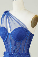 Laden Sie das Bild in den Galerie-Viewer, Einzigartiges Mantel One Shoulder Königsblaues kurzes Cocktailkleider mit Applikationen
