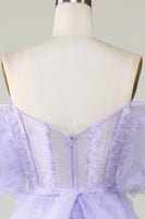 Laden Sie das Bild in den Galerie-Viewer, Stilvolles schulterfreies Korsettkleid aus lila Tüll