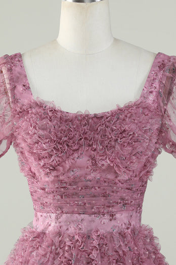 Wunderschönes A Line Floral Dusty Rose Cocktailkleid mit Rüschen