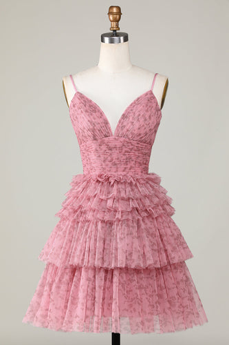 Niedliches A Line Spaghettiträger Blush Cocktailkleid mit Rüschen