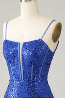 Laden Sie das Bild in den Galerie-Viewer, Königsblaues Bodycon Glitzerndes Spaghettiträger-Cocktailkleid