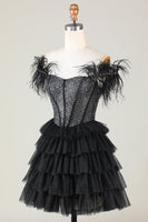 Laden Sie das Bild in den Galerie-Viewer, Glitzerndes Perlenkorsett A-Linie Schwarzes kurzes Cocktailkleid mit Federn