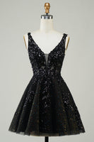 Laden Sie das Bild in den Galerie-Viewer, Funkelndes orangefarbenes A-Linien-Glitzer-Cocktailkleider mit Pailletten