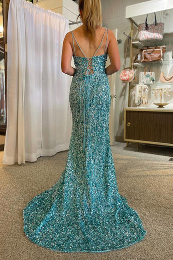 Glitzerndes Goldenes Rückenfreies Langes Ballkleid mit Schlitz