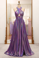 Laden Sie das Bild in den Galerie-Viewer, A Linie Dunkelviolett Neckholder Langes Abiballkleider Mit Schlitz