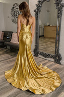 Laden Sie das Bild in den Galerie-Viewer, Goldenes Meerjungfrau Herzchen Satin Korsett Ballkleid mit Schlitz