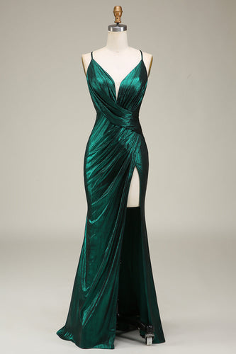 Dunkelgrün Meerjungfrauen Spaghettiträger Metallisches Langes Ballkleid mit Schlitz