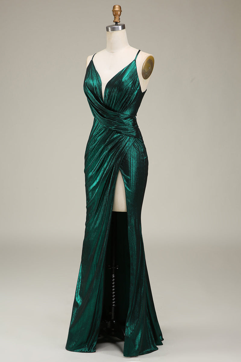 Laden Sie das Bild in den Galerie-Viewer, Dunkelgrün Meerjungfrauen Spaghettiträger Metallisches Langes Ballkleid mit Schlitz
