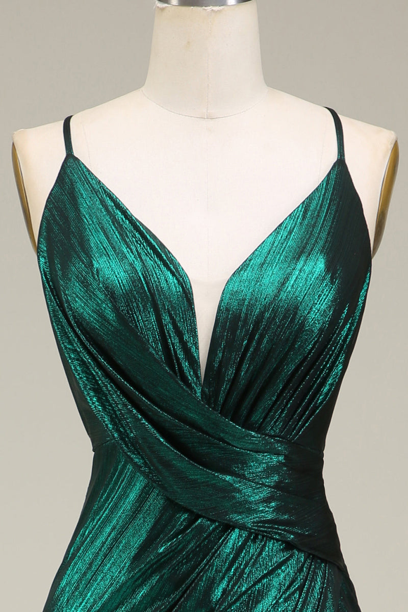 Laden Sie das Bild in den Galerie-Viewer, Dunkelgrün Meerjungfrauen Spaghettiträger Metallisches Langes Ballkleid mit Schlitz