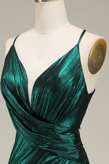 Dunkelgrün Meerjungfrauen Spaghettiträger Metallisches Langes Ballkleid mit Schlitz