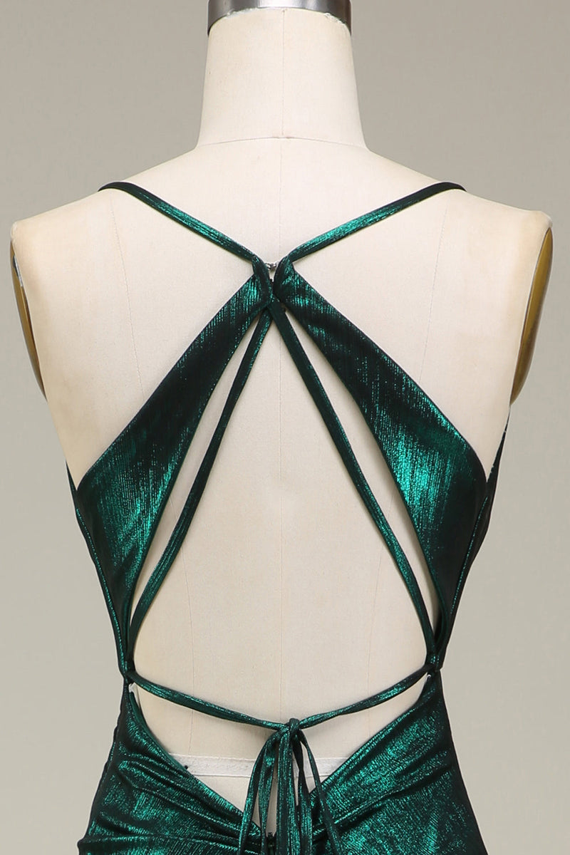 Laden Sie das Bild in den Galerie-Viewer, Dunkelgrün Meerjungfrauen Spaghettiträger Metallisches Langes Ballkleid mit Schlitz