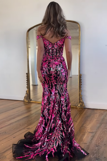 Glitzernde Goldenes Meerjungfrau Schulterfreies Korsett-Ballkleid mit Schlitz