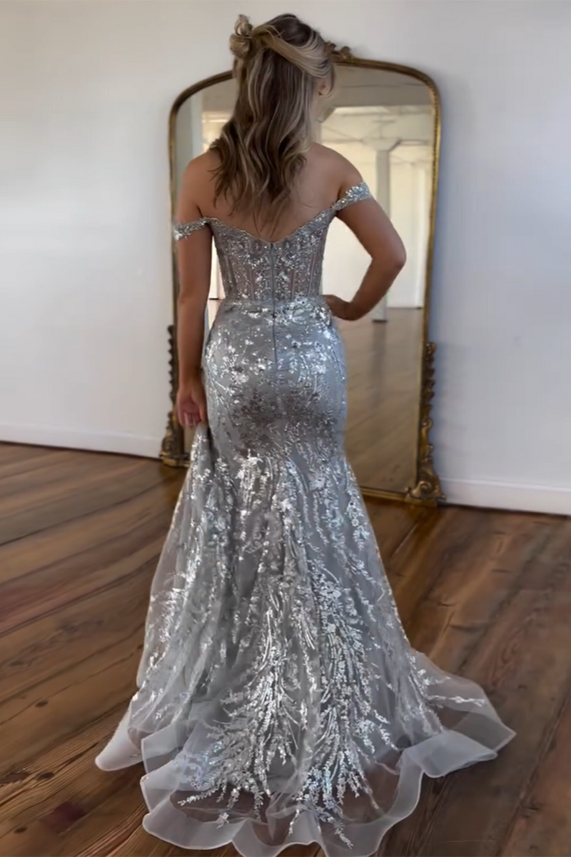 Laden Sie das Bild in den Galerie-Viewer, Glitzernde Goldenes Meerjungfrau Schulterfreies Korsett-Ballkleid mit Schlitz