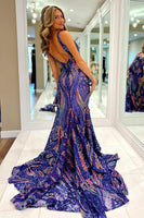 Laden Sie das Bild in den Galerie-Viewer, Funkelndes Blaues Meerjungfrau Rückenfreies Langes Abendkleid mit Pailletten