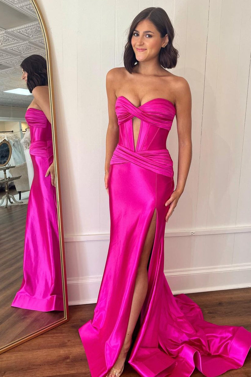 Glitzernd Fuchsia  Meerjungfrau Korsett Satin Lange Abendkleid mit Schlitz