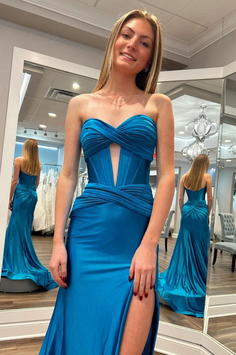 Laden Sie das Bild in den Galerie-Viewer, Glitzernd Fuchsia  Meerjungfrau Korsett Satin Lange Abendkleid mit Schlitz