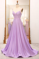 Laden Sie das Bild in den Galerie-Viewer, Funkelnd Flieder A Linie Spaghettiträger Langes Korsett Abiballkleider Mit Schlitz