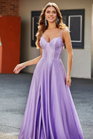 Laden Sie das Bild in den Galerie-Viewer, Funkelnd Flieder A Linie Spaghettiträger Langes Korsett Abiballkleider Mit Schlitz