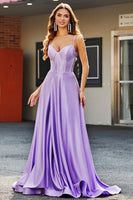 Laden Sie das Bild in den Galerie-Viewer, Funkelnd Flieder A Linie Spaghettiträger Langes Korsett Abiballkleider Mit Schlitz