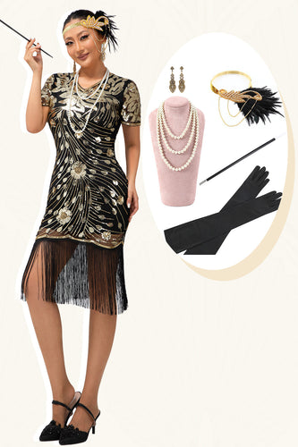 Glitter Schwarz Golden Gesäumt Pailletten Flapper Kleid mit 1920er Zubehörset