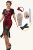 Laden Sie das Bild in den Galerie-Viewer, Glitter Schwarz Rot Gesäumt Bodycon Flapper Kleid mit 1920er Zubehörset