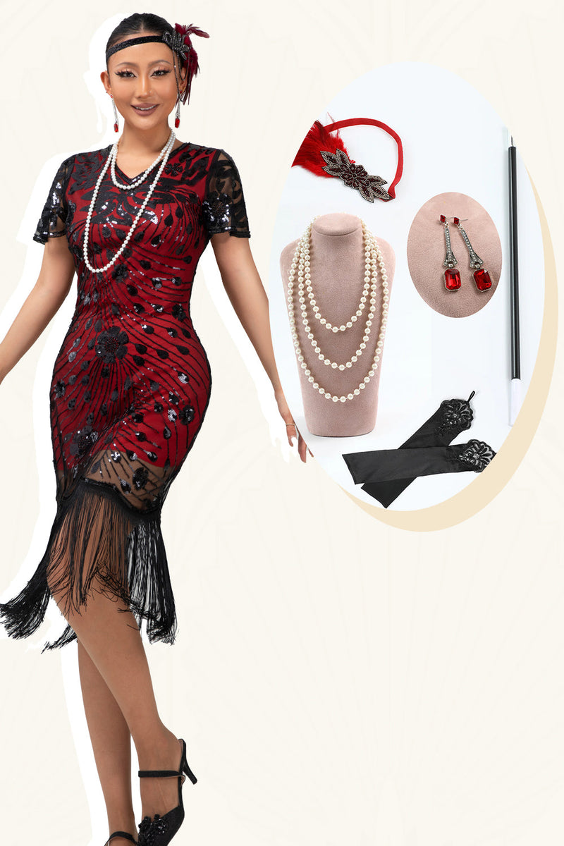 Laden Sie das Bild in den Galerie-Viewer, Glitter Schwarz Rot Gesäumt Bodycon Flapper Kleid mit 1920er Zubehörset