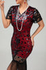 Laden Sie das Bild in den Galerie-Viewer, Glitter Schwarz Rot Gesäumt Bodycon Flapper Kleid mit 1920er Zubehörset