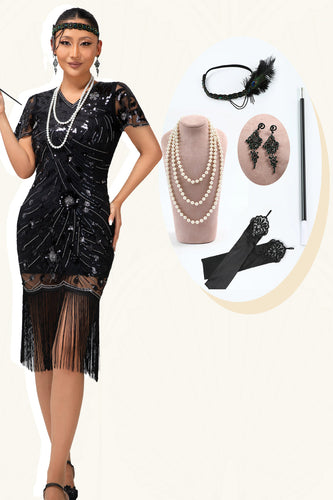 Glitter Schwarz Gesäumt Bodycon Kurze Ärmel Flapper Kleid mit 1920er Zubehörset