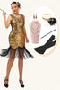 Laden Sie das Bild in den Galerie-Viewer, Glitter Schwarz Golden Gesäumt Pailletten Flapper Kleid mit 1920er Zubehörset