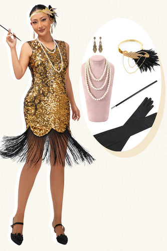 Glitter Schwarz Golden Gesäumt Pailletten Flapper Kleid mit 1920er Zubehörset