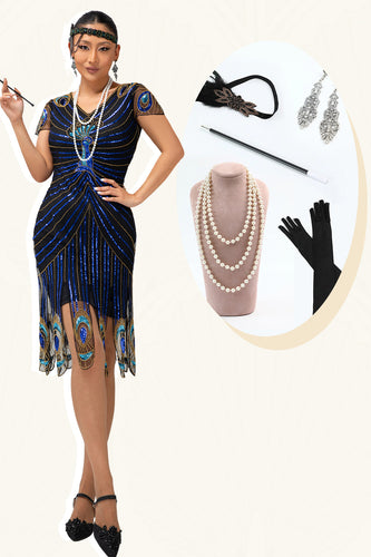 Glitter Schwarz Blau Bodycon Kurze Ärmel Flapper Kleid mit 1920er Zubehörset