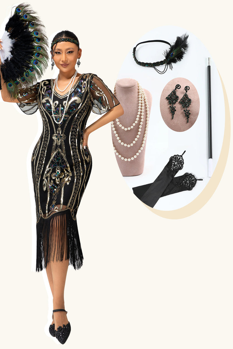Laden Sie das Bild in den Galerie-Viewer, Glitter Schwarz Golden Bodycon Pailletten Kurze Ärmel Flapper Kleid mit Gesäumt