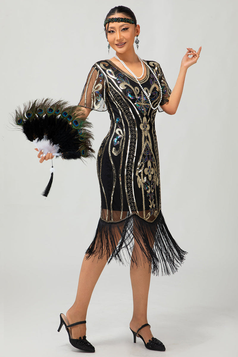 Laden Sie das Bild in den Galerie-Viewer, Glitter Schwarz Golden Bodycon Pailletten Kurze Ärmel Flapper Kleid mit Gesäumt