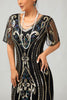 Laden Sie das Bild in den Galerie-Viewer, Glitter Schwarz Golden Bodycon Pailletten Kurze Ärmel Flapper Kleid mit Gesäumt