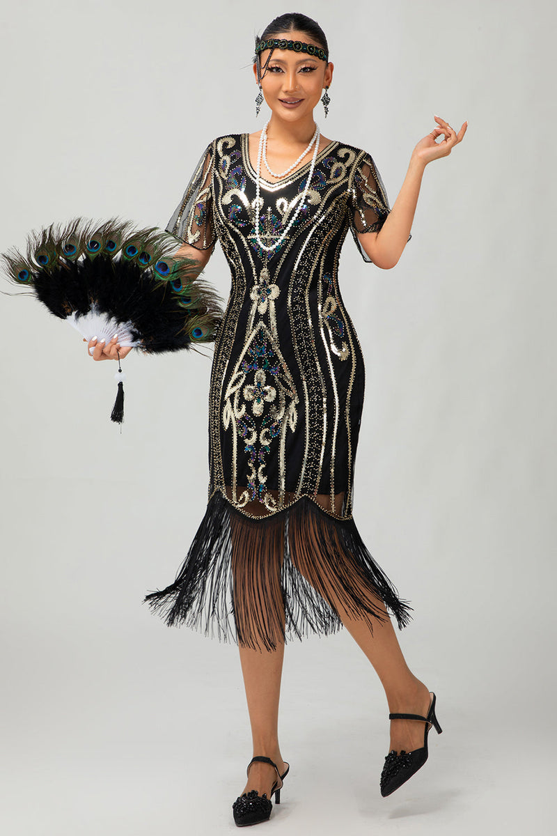Laden Sie das Bild in den Galerie-Viewer, Glitter Schwarz Golden Bodycon Pailletten Kurze Ärmel Flapper Kleid mit Gesäumt