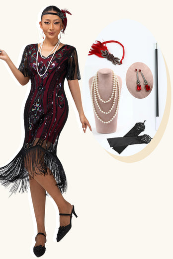 Glitter Burgunderrot Pailletten Kurze Ärmel Flapper Kleid mit Gesäumt