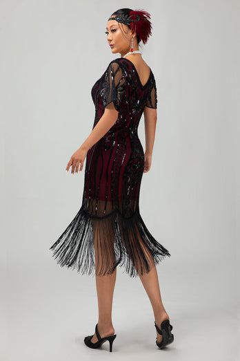 Glitter Burgunderrot Pailletten Kurze Ärmel Flapper Kleid mit Gesäumt